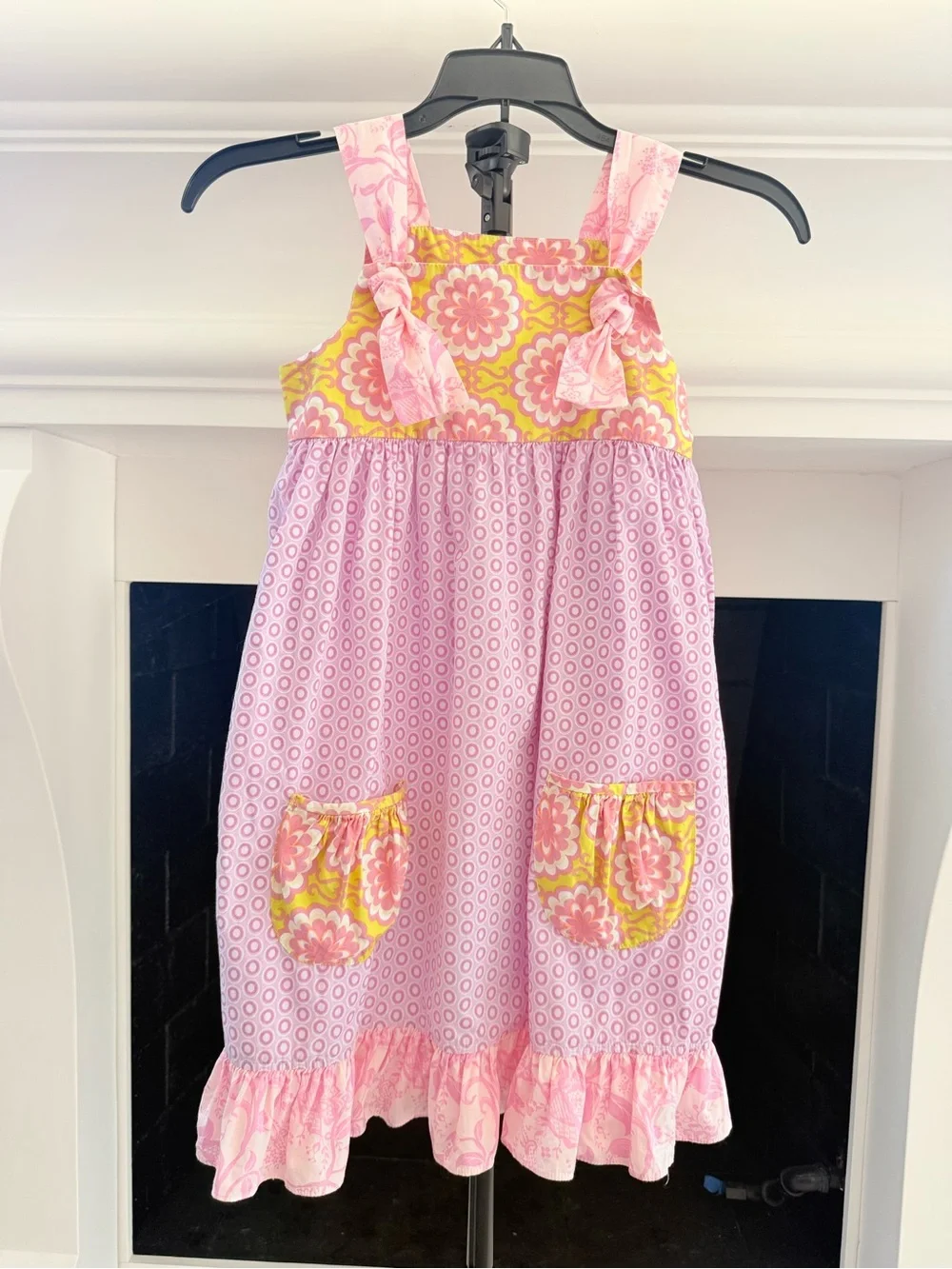 Girls Pink & Yellow Floral Tie-Shoulder Dress